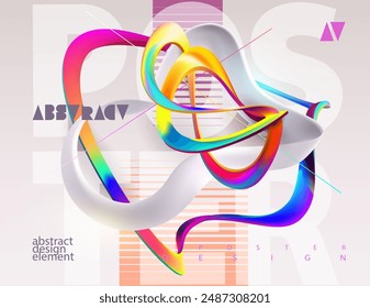 Fluid 3D geometric shape for poster design. Liquid abstract form and colorful lines in glass morphism style. Vector banner template design.	