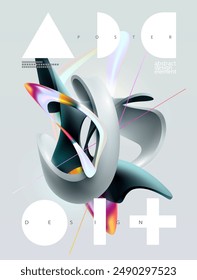 Forma geométrica 3D fluida para el diseño de póster. Forma abstracta líquida y líneas coloridas en estilo de morfismo de vidrio. Plantilla de Anuncio de Vector.