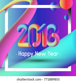 Fluid 3d shapes Happy new 2018 year poster with modern hipster background colors. Futuristic composition. Eps10 vector template for placards, banners, flyers, presentations and annual reports.