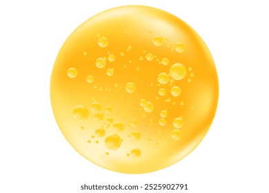 Fluido 3D amarelo, amostra de bolha de ouro com estrutura de moléculas fluindo, microscópio fechar, colágeno fluido soro gota isolada em fundo transparente, cosmetologia, ciência da beleza,
