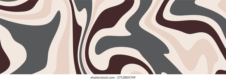 Ein fließender, abstrakter Hintergrund mit organischen, flüssigkeitsartigen, gewellten Streifen in neutralen Erdtönen von dunkelbraun, grau, beige und creme.