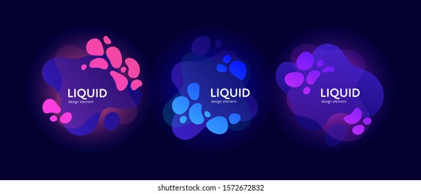 Fluid abstract banner template illustration. Set of modern bright liquid blue, pink, violet shape isolated on black background. Acid blob concept. Design element for poster, backdrop, web, sale, print
