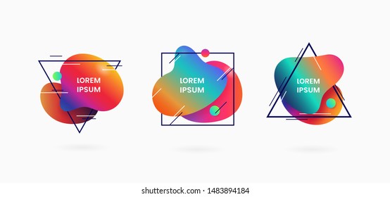 Fluid abstract dynamic shape badge background design. 80s style Retro Metallic color liquid geometric vector illustration.