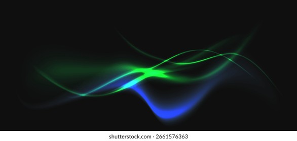 Fundo de onda de luz abstrata fluido com linhas de brilho dinâmicas. Ilustração de energia moderna para tecnologia, música, conceito de ciência de dados