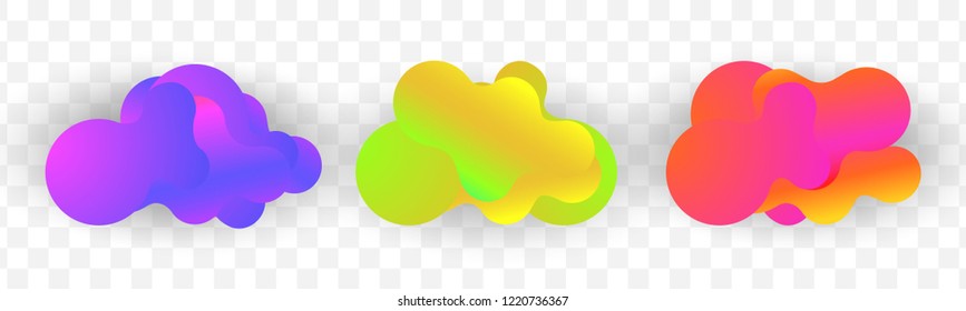 Fluid abstract shape set, vector illustration. Multi colored gradient geometric objects isolated on transparent background, circles and waves liquid design.