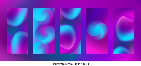 Fluid abstract shapes in blurred liquid smoky background. Vector smartphone,  leaflet, flyer vertical backdrops set. Neon glowing ultraviolet and blue blur objects. Swirl flower. High resolution 