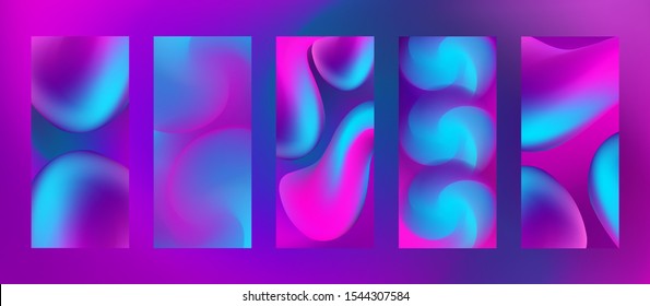 Fluid abstract shapes in blurred liquid smoky background. Vector smartphone,  leaflet, flyer vertical backdrops set. Neon glowing ultraviolet and blue blur objects. Swirl flower. High resolution 