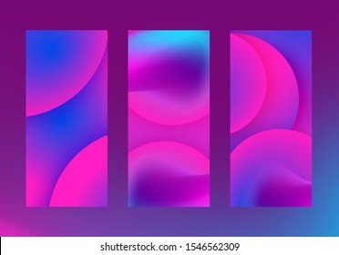 Fluid abstract shapes in blurred liquid smoky background. Vector smartphone,  leaflet, flyer vertical backdrops set. Neon glowing ultraviolet and blue blur color splash objects. High resolution 