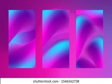 Fluid abstract shapes in blurred liquid smoky background. Vector smartphone,  leaflet, flyer vertical backdrops set. Neon glowing ultraviolet and blue blur color splash objects. High resolution 