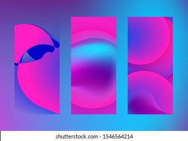 Fluid abstract shapes in blurred liquid smoky background. Vector smartphone,  leaflet, flyer vertical backdrops set. Neon glowing ultraviolet and blue blur color splash objects. High resolution 