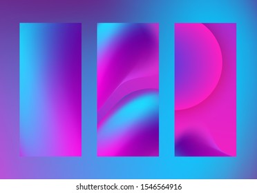 Fluid abstract shapes in blurred liquid smoky background. Vector smartphone,  leaflet, flyer vertical backdrops set. Neon glowing ultraviolet and blue blur color splash objects. High resolution 