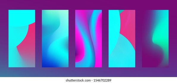 Fluid abstract shapes in blurred liquid smoky background. Vector smartphone,  leaflet, flyer vertical backdrops Neon glowing ultraviolet and blue blur objects. High resolution halftone gradient mesh