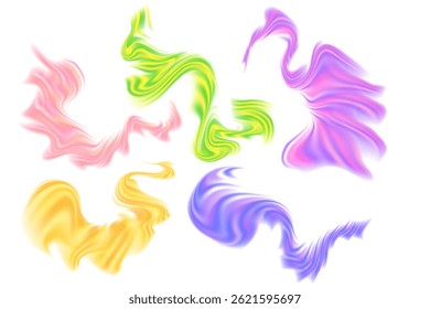 Fluid abstract stripped shape, neon glow futuristic flowing wave set, isolated design element, transparent background. Iridescent holographic liquid curvy decoration