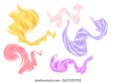 Fluid abstract stripped shape, neon glow futuristic flowing wave set, isolated design element, transparent background. Iridescent holographic liquid curvy decoration