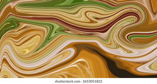 O fluido abstrato espirala em tons terrosos de verde, marrom e ouro. Esta textura marmoreada digital cria um fluxo natural, ideal para fundos ou projetos de design artístico.