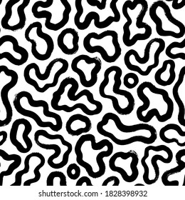 Fluid amorphous forms vector seamless pattern. Hand drawn black brush strokes. Organic irregular circular lines with circles. Hand drawn black and white organic shapes texture. Grunge squiggle lines 