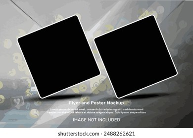 Fluid art poster mockup psd on the photobook template | Perspective view post frame flyer mockup | Posters facebook cover mock up template | Two portrait photo frame brochure or invitation mockups