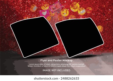 Fluid art poster mockup psd on the photobook template | Perspective view post frame flyer mockup | Posters facebook cover mock up template | Two portrait photo frame brochure or invitation mockups