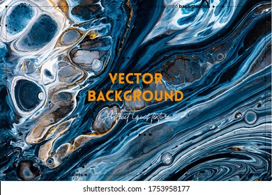Fluid art texture. Abstract backdrop with iridescent paint effect. Liquid acrylic picture with flows and splashes. Mixed paints for posters or wallpapers. Black, blue and golden overflowing colors