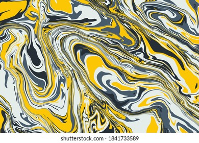 Textura de arte fluido. Fondo abstracto con efecto de pintura iridiscente. Obra de arte acrílico líquida que fluye y se desliza. Pintas mixtas para el afiche interior. Ilustración del vector EPS 10. amarillo, gris y negro