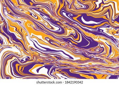 Flüssigkunsttextur. Abstrakte Kulisse mit wirbelndem Farbeffekt. Flüssiges Acrylbild mit künstlerisch gemischten Farben. Kann für Bänder oder Tapeten verwendet werden. Violett, weiß und goldfarben, die sich über dem Boden befinden. EPS