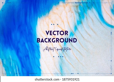 Fluid art texture. Abstract backdrop with mixing paint effect. Liquid acrylic picture with beautiful mixed paints. Can be used for interior poster. Blue, golden and white overflowing colors.
