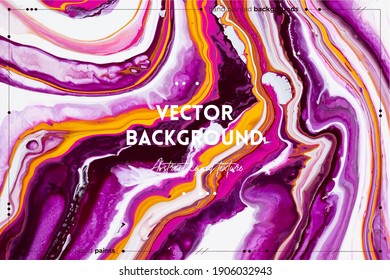 Flüssigkunsttextur. Abstrakte Kulisse mit irisierendem Maleffekt. Flüssige Acrylaufnahme mit Durchflüssen und Spritzen. Gemischte Farben für Hintergrund oder Poster. Die Farbtöne Violett, Orange und Weiß sind überflutet.