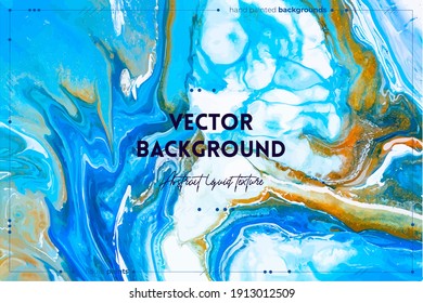 Flüssigkunsttextur. Abstrakte Kulisse mit irisierendem Maleffekt. Flüssige Acrylaufnahme mit Durchflüssen und Spritzen. Mischfarben für Bänder oder Tapeten. Die Farben Blau, Golden und Weiß überfließen.