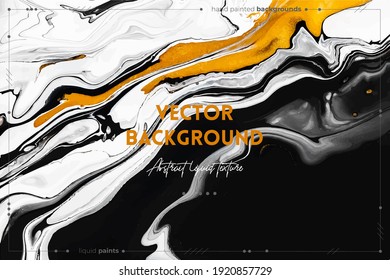 Fluid art texture. Abstract backdrop with swirling paint effect. Liquid acrylic picture with flows and splashes. Mixed paints for posters or wallpapers. Golden, black and white overflowing colors.
