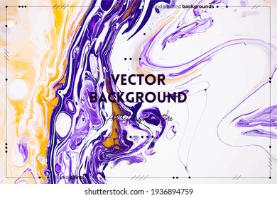 Fluid art texture. Abstract backdrop with swirling paint effect. Liquid acrylic artwork with flows and splashes. Mixed paints for interior poster. Purple, white and golden overflowing colors.