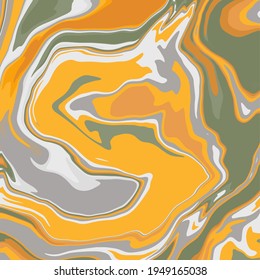 Fluid art texture. Abstract backdrop with iridescent paint effect. Liquid acrylic artwork that flows and splashes. Mixed paints for interior poster. EPS 10 Vector illustration. yellow, green and gray