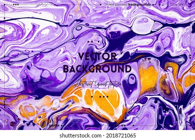 Fluid art texture. Abstract backdrop with swirling paint effect. Liquid acrylic picture with flows and splashes. Mixed paints for posters or wallpapers. Purple, white and golden overflowing colors.