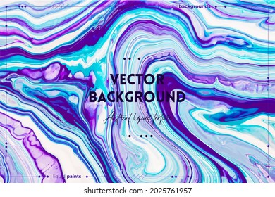 Fluid art texture. Abstract backdrop with swirling paint effect. Liquid acrylic picture with flows and splashes. Mixed paints for website background. Blue, purple and white overflowing colors.