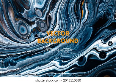 Fluid art texture. Abstract backdrop with mixing paint effect. Liquid acrylic artwork with artistic mixed paints. Can be used for baner or wallpaper. Black, navy blue and golden overflowing colors.