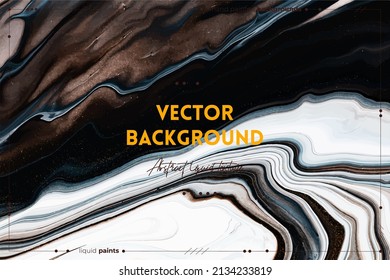 Fluid art texture. Abstract backdrop with swirling paint effect. Liquid acrylic picture that flows and splashes. Mixed paints for website background. Brown, black and blue overflowing colors.