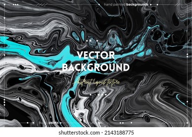 Textura de arte fluido. Fondo abstracto con efecto de pintura giratoria. Obra de arte acrílico líquida con flujos y salpicaduras. Pintas mixtas para fondo o afiche. Color negro, blanco y azul celeste.