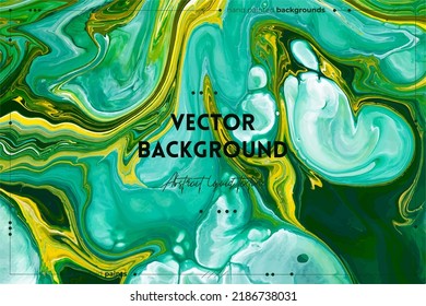 Fluid art texture. Abstract backdrop with mixing paint effect. Liquid acrylic artwork with flows and splashes. Mixed paints for background or poster. Emerald, blue and yellow overflowing colors.