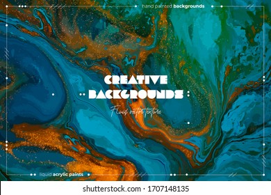 Fluid art texture. Abstract background with iridescent paint effect. Liquid acrylic artwork with colorful mixed paints. Can be used for background or poster. Blue, green and golden overflowing colors