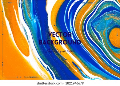 Fluid art texture. Abstract background with mixing paint effect. Liquid acrylic picture with artistic mixed paints. Can be used for baner or wallpaper. Blue, golden and white overflowing colors.