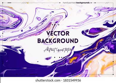 Fluid art texture. Abstract background with iridescent paint effect. Liquid acrylic artwork with flows and splashes. Mixed paints for interior poster. Violet, white and golden overflowing colors.