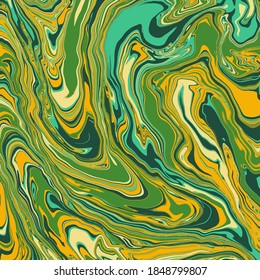 Fluid art texture. Abstract background with swirling paint effect. Liquid acrylic picture that flows and splashes. Mixed paints for interior poster. green, yellow, blue overflowing colors