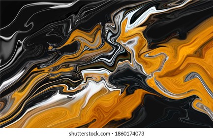 Fluid art texture. Abstract background with mixing paint effect. Liquid acrylic picture with artistic mixed paints. Can be used for baner or wallpaper. Golden, black and gray overflowing colors