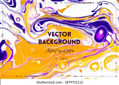Flüssigkunsttextur. Abstrakter Hintergrund mit Mischfarbeneffekt. Flüssige Akrylartuen mit Durchflüssen und Spritzen. Mischfarben für Poster oder Bildschirmhintergründe. Die Farben sind lila, weiß und goldfarben.