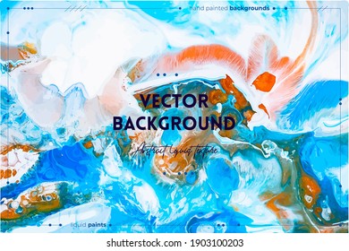 Fluid art texture. Abstract background with swirling paint effect. Liquid acrylic picture with flows and splashes. Mixed paints for interior poster. Blue, golden and white overflowing colors.