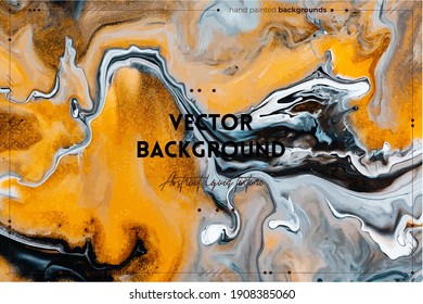 Fluid art texture. Abstract background with iridescent paint effect. Liquid acrylic artwork that flows and splashes. Mixed paints for background or poster. Golden, black and blue overflowing colors.