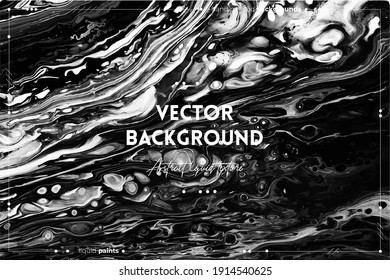 Fluid art texture. Abstract background with swirling paint effect. Liquid acrylic picture with flows and splashes. Mixed paints for interior poster. Black and white overflowing colors.