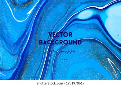 Fluid art texture. Abstract background with mixing paint effect. Liquid acrylic picture with flows and splashes. Mixed paints for background or poster. Navy blue, golden and azure overflowing colors.