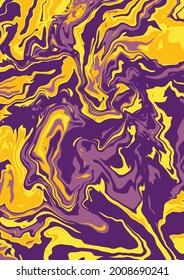 Fluid art texture. Abstract background with swirling paint effect. A4. Liquid acrylic picture that flows and splashes. Mixed paints for interior poster. purple and yellow iridescent colors. A4