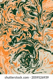 Fluid art texture. Abstract background with swirling paint effect. Liquid acrylic picture that flows and splashes. Mixed paints for interior poster. green, orange overflowing colors