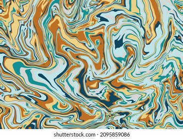 Fluid art texture. Abstract background with swirling paint effect. Liquid acrylic picture that flows and splashes. Mixed paints for interior poster. Brown, blue and yellow overflowing colors